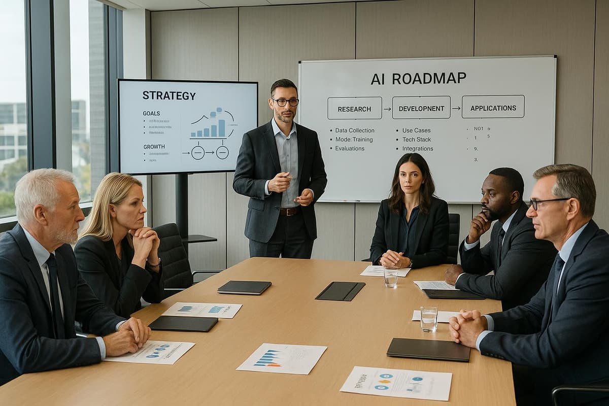 Business team learning Claude AI in a corporate training session